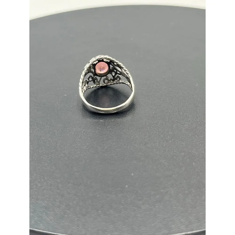 Sterling Silver Vintage Filigree Simulated Pink Sapphire‎ Solitaire Ring 5.25